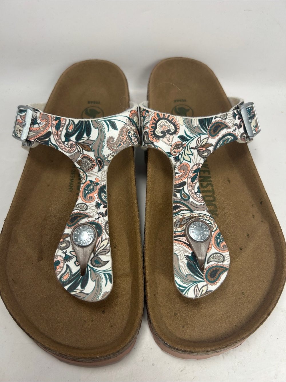 Birkenstock Paisley T-Strap Sandals in White, Teal, and Coral